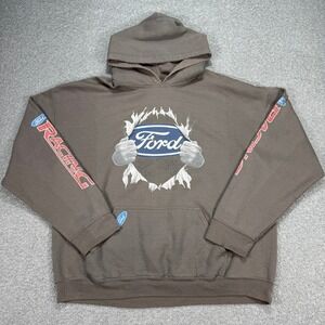Ford Racing Hoodie Men's 2XL Brown Fleece Logo Sleeve Pullover Bikercore Grunge